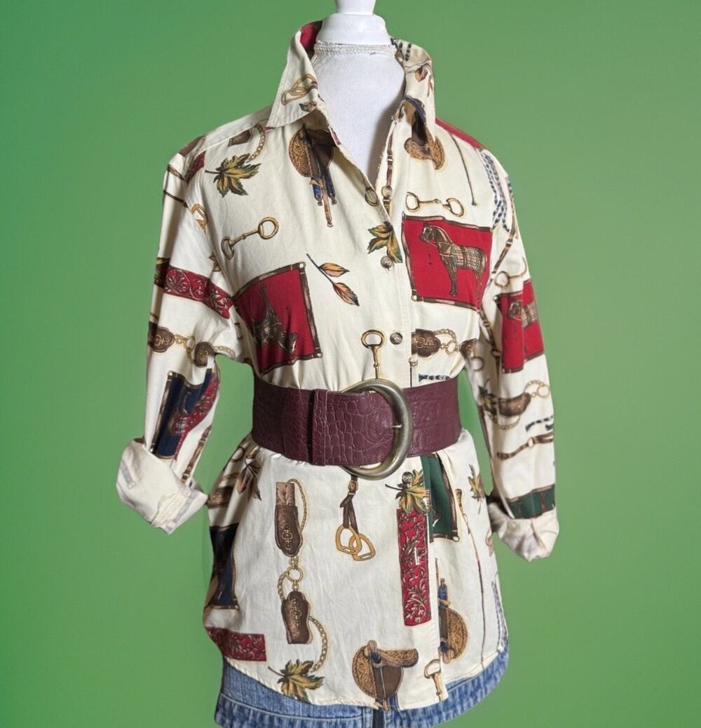 Vintage Equestrian Print Cotton Button Down - Oversized- Old Money - Made in US